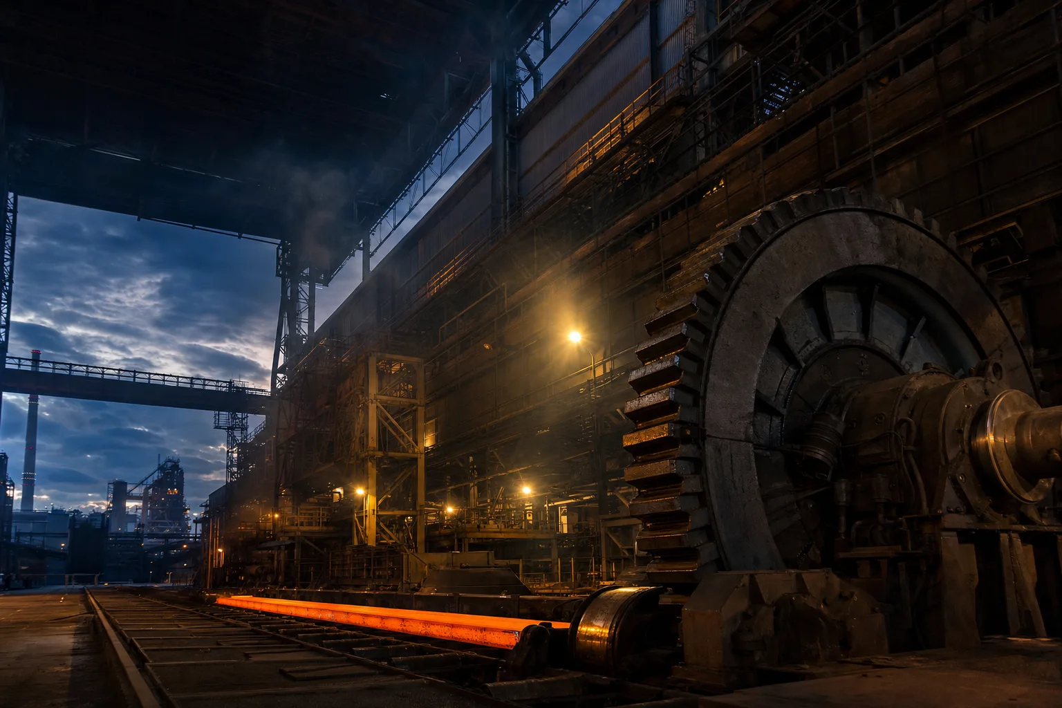 Interior of a heavy industrial manufacturing plant with large steel machinery